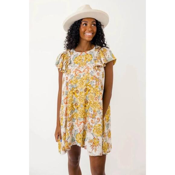 Free People Women’s Small Yellow Floral Yara Printed Mini Dress - Picture 1 of 6